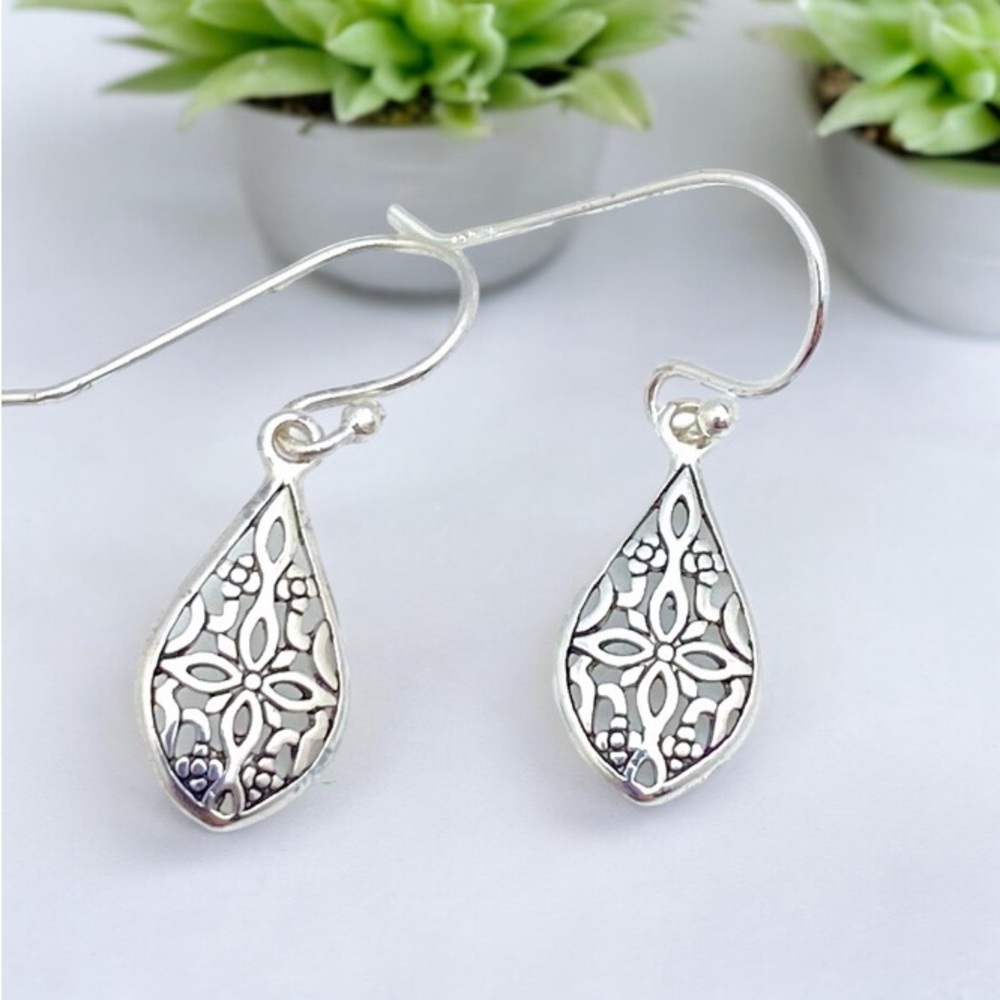 925 Sterling Silver Open Work Filigree  Teardrop Hook Dangle Earrings